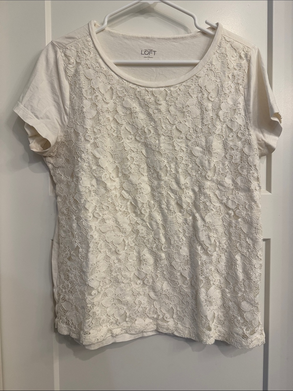 LOFT Cream Lace-Front Short Sleeve Tee
